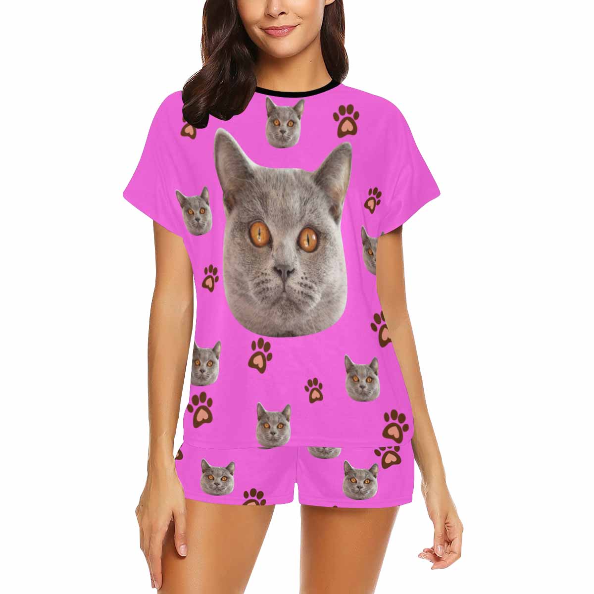 Custom Face Pajamas Lovely Cat Pink Sleepwear For Her Personalized Women's Short Pajama Set