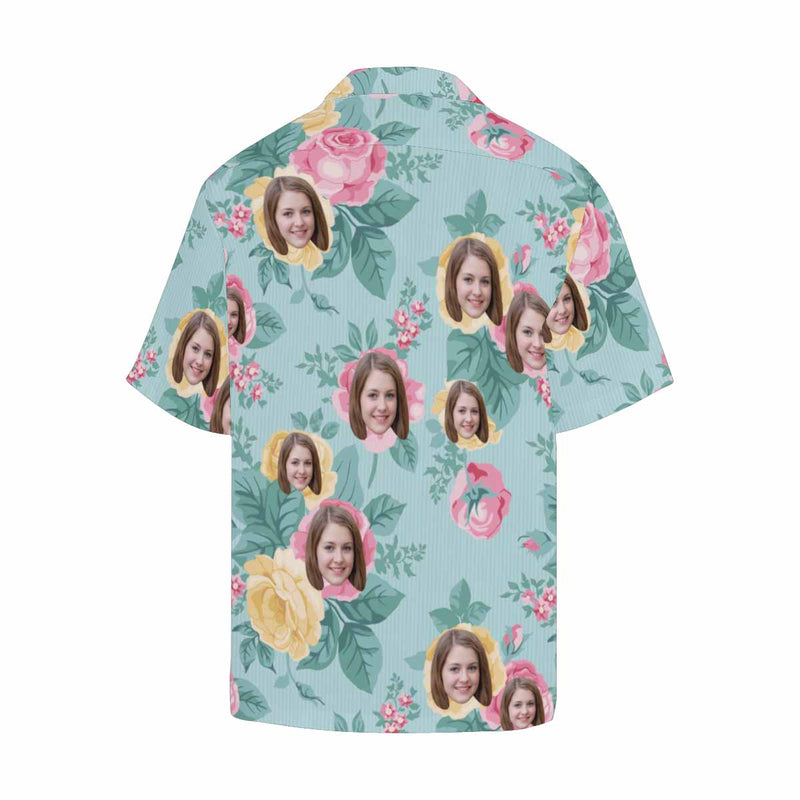 Custom Face Pink Flower Blue Men's All Over Print Hawaiian Shirt