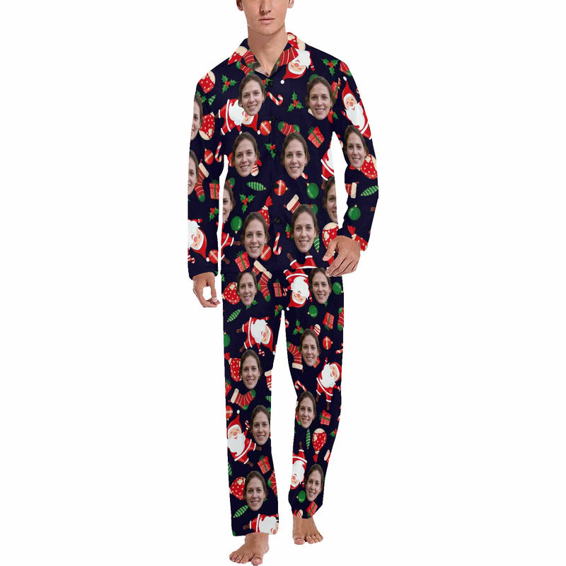 Custom Face Pajamas Santa Claus Black Sleepwear Personalized Men's Long Pajama Set