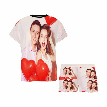 Custom Face Pajamas Heart Balloon Sleepwear For Her Personalized Women's Short Pajama Set