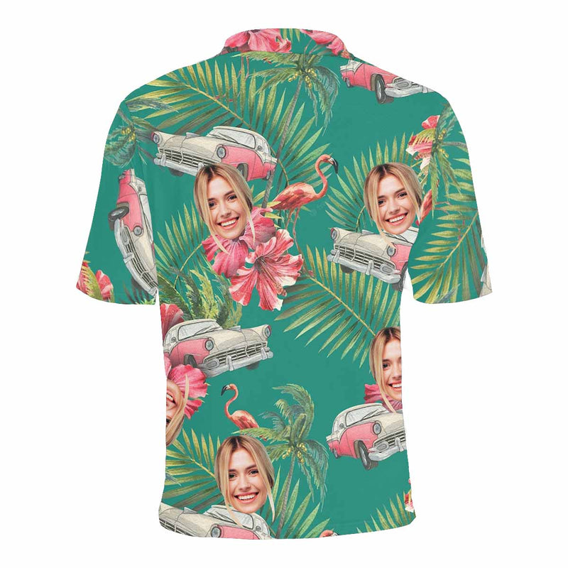 Custom Face Green Flamingo Polo Shirt, Personlized Shirt For Men, Photo Men's All Over Print Polo Shirt