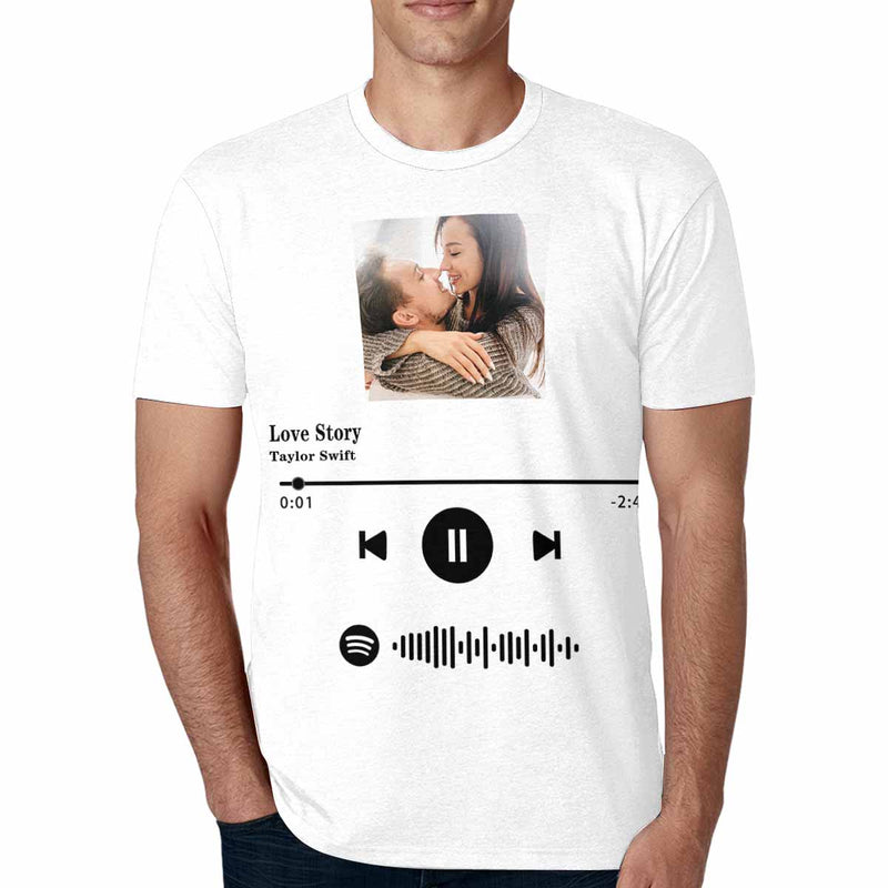 Custom Photo Love Story White Scannable Spotify Code T-shirt Personalized Men's All Over Print T-shirt