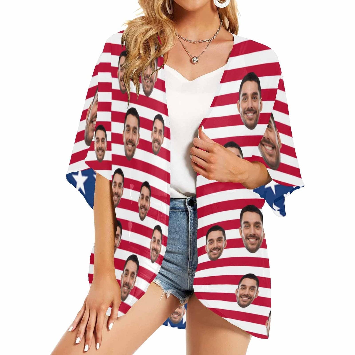 Custom Face American National Flag Personalized Women's Kimono Chiffon Cover Up Gift