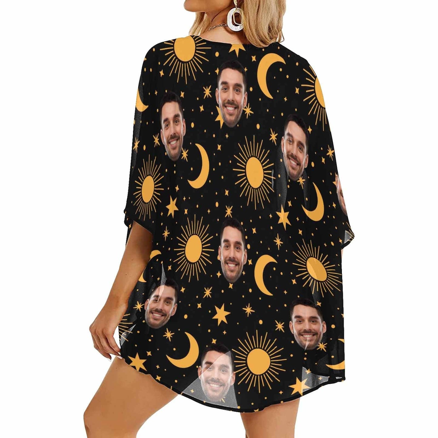 Custom Face Black Moon Star Personalized Women's Kimono Chiffon Cover Up Gift