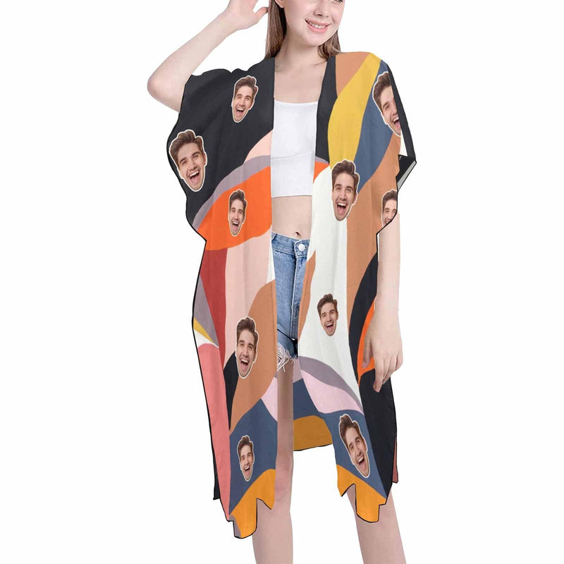 Custom Face Colorful Personalized Women's Mid-Length Side Slits Chiffon Cover Up