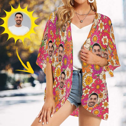 Custom Face Flowers Personalized Women's Kimono Chiffon Cover Up Personalized