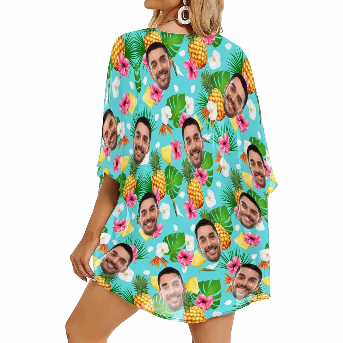 Custom Face Green Pineapple Flowers Personalized Women's Kimono Chiffon Cover Up