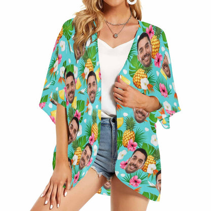 Custom Face Green Pineapple Flowers Personalized Women's Kimono Chiffon Cover Up