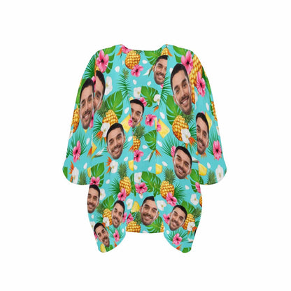 Custom Face Green Pineapple Flowers Personalized Women's Kimono Chiffon Cover Up