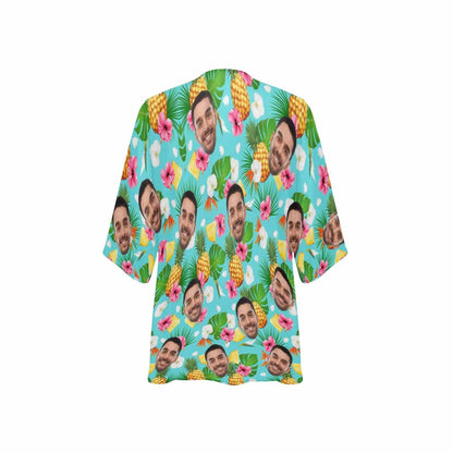 Custom Face Green Pineapple Flowers Personalized Women's Kimono Chiffon Cover Up