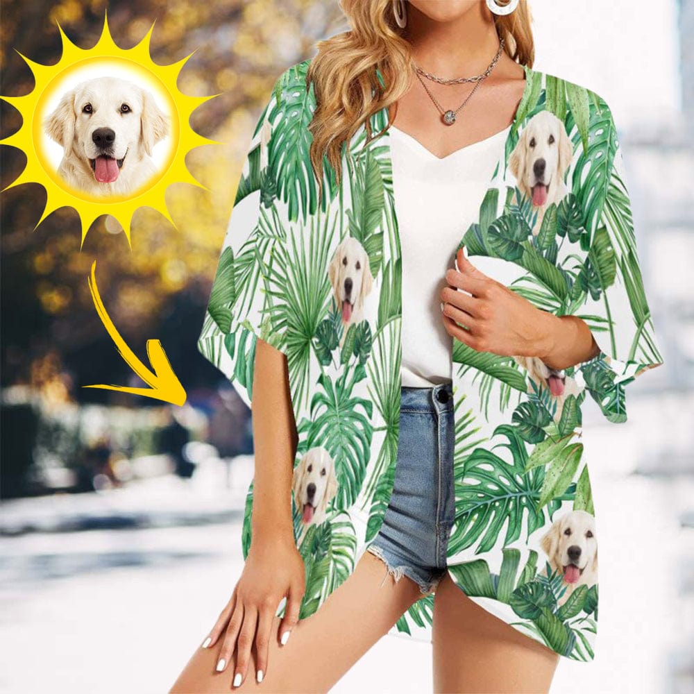 Custom Face Pet Dog Green Leaf Personalized Women's Kimono Chiffon Cover Up