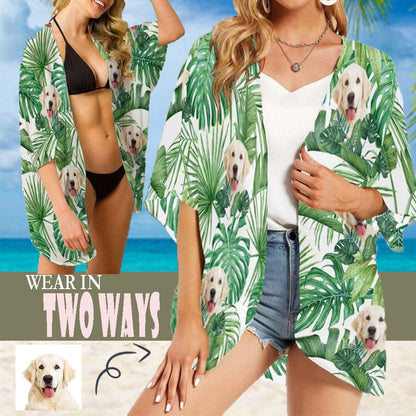 Custom Face Pet Dog Green Leaf Personalized Women's Kimono Chiffon Cover Up