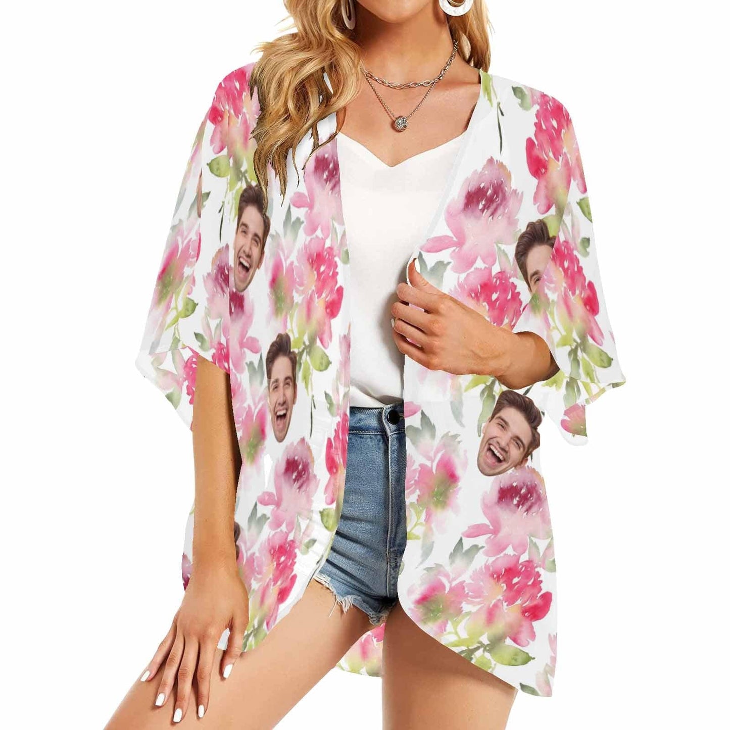 Custom Face Pink Flower Personalized Women's Kimono Chiffon Cover Up