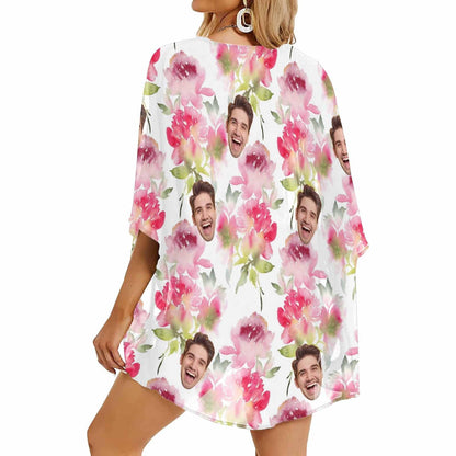 Custom Face Pink Flower Personalized Women's Kimono Chiffon Cover Up