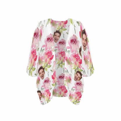 Custom Face Pink Flower Personalized Women's Kimono Chiffon Cover Up