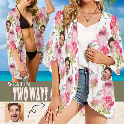 Custom Face Pink Flower Personalized Women's Kimono Chiffon Cover Up