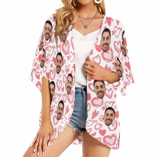 Custom Face Pink Heart Personalized Women's Kimono Chiffon Cover Up Gift