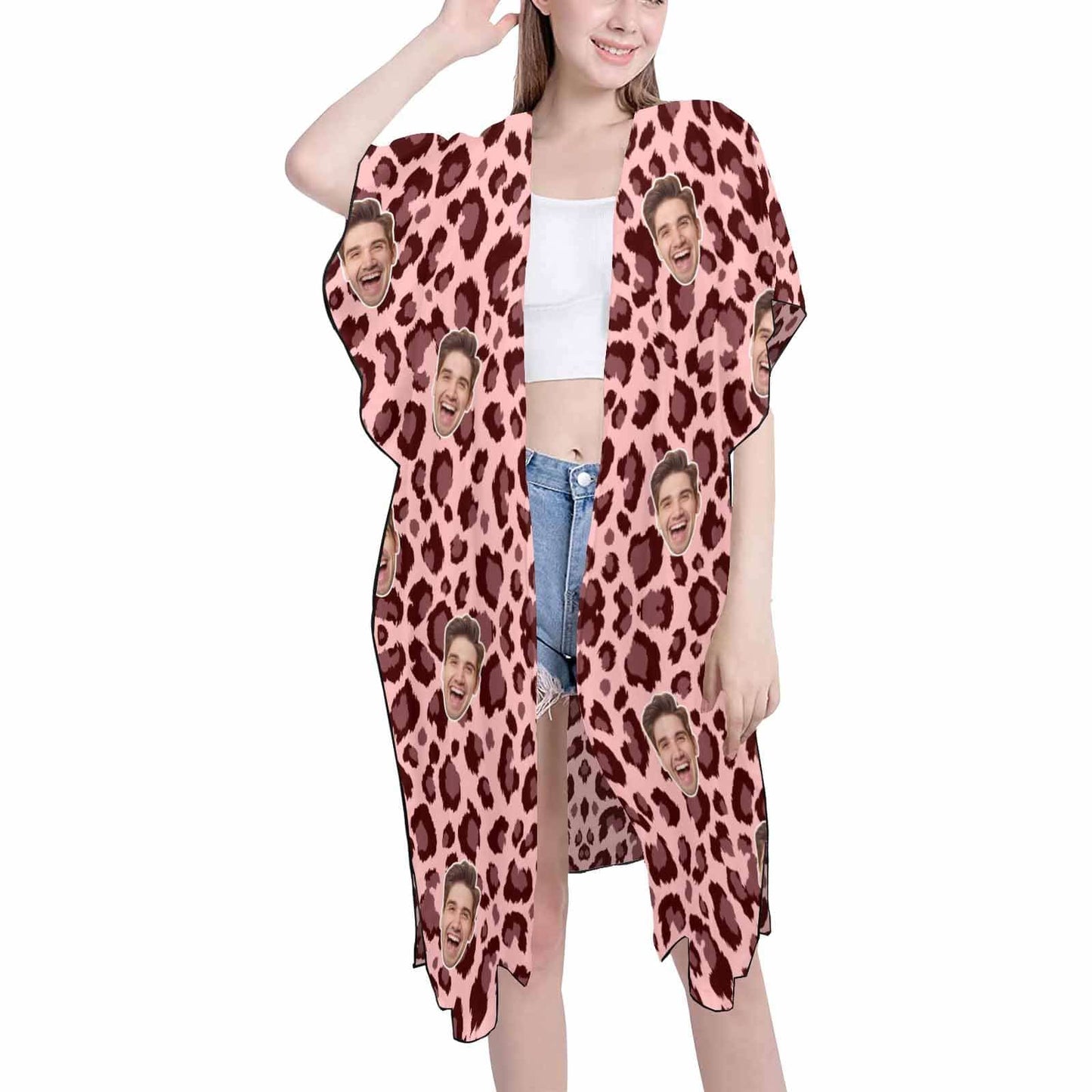 Custom Face Pink Leopard Print Personalized Women's Mid-Length Side Slits Chiffon Cover Up