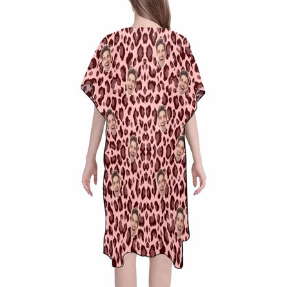 Custom Face Pink Leopard Print Personalized Women's Mid-Length Side Slits Chiffon Cover Up