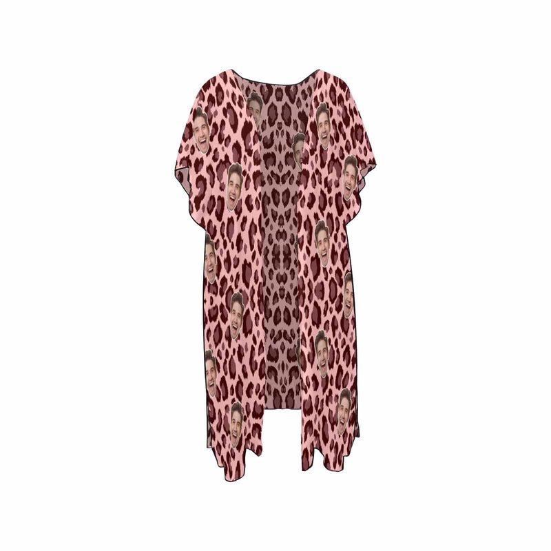 Custom Face Pink Leopard Print Personalized Women's Mid-Length Side Slits Chiffon Cover Up