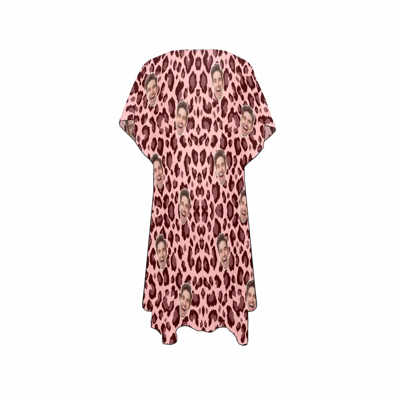 Custom Face Pink Leopard Print Personalized Women's Mid-Length Side Slits Chiffon Cover Up
