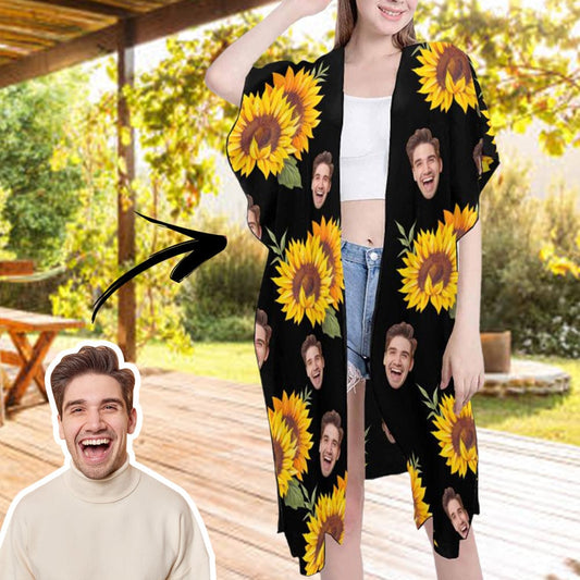 Custom Face Sunflower Personalized Women's Mid-Length Side Slits Chiffon Cover Up