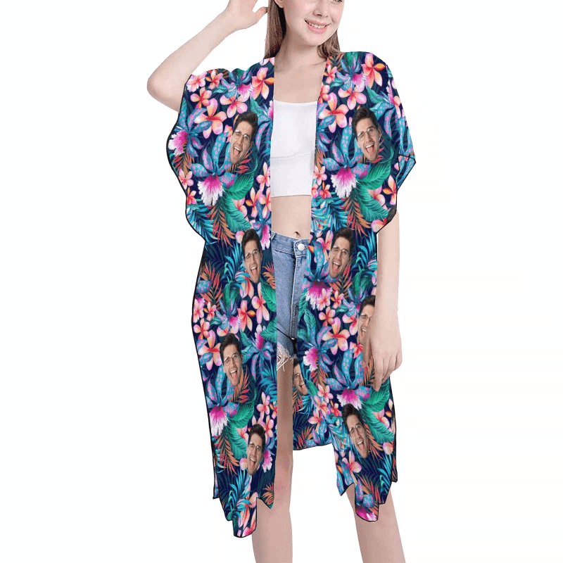 Custom Face Flower Leaf Personalized Women's Mid-Length Side Slits Chiffon Cover Up