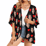 Custom Face Love Heart Black Personalized Women's Kimono Chiffon Cover Up