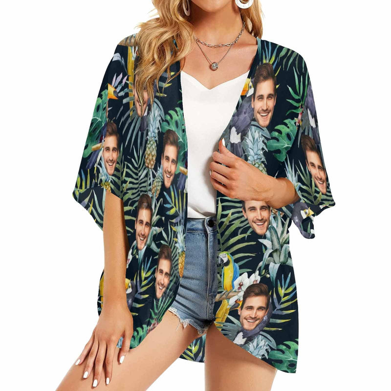 Custom Face Parrot Pineapple Leaf Personalized Women's Kimono Chiffon Cover Up Gift