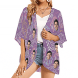 Custom Face Wind Chime Purple Personalized Women's Kimono Chiffon Cover Up