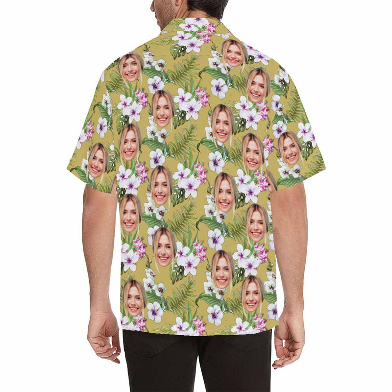 Custom Face White Flower Men's All Over Print Hawaiian Shirt, Personalized Aloha Shirt With Photo Summer Beach Party As Gift for Vacation