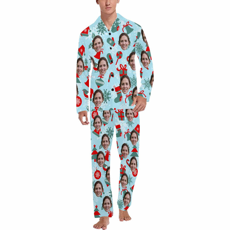 Custom Face Pajamas Red&Green Bell&Gift Sleepwear Personalized Men's Long Pajama Set