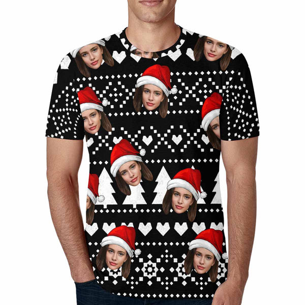 Custom Face  Christmas Tree White Love Tee Put Your Photo on Shirt Unique Design Men's All Over Print T-shirt