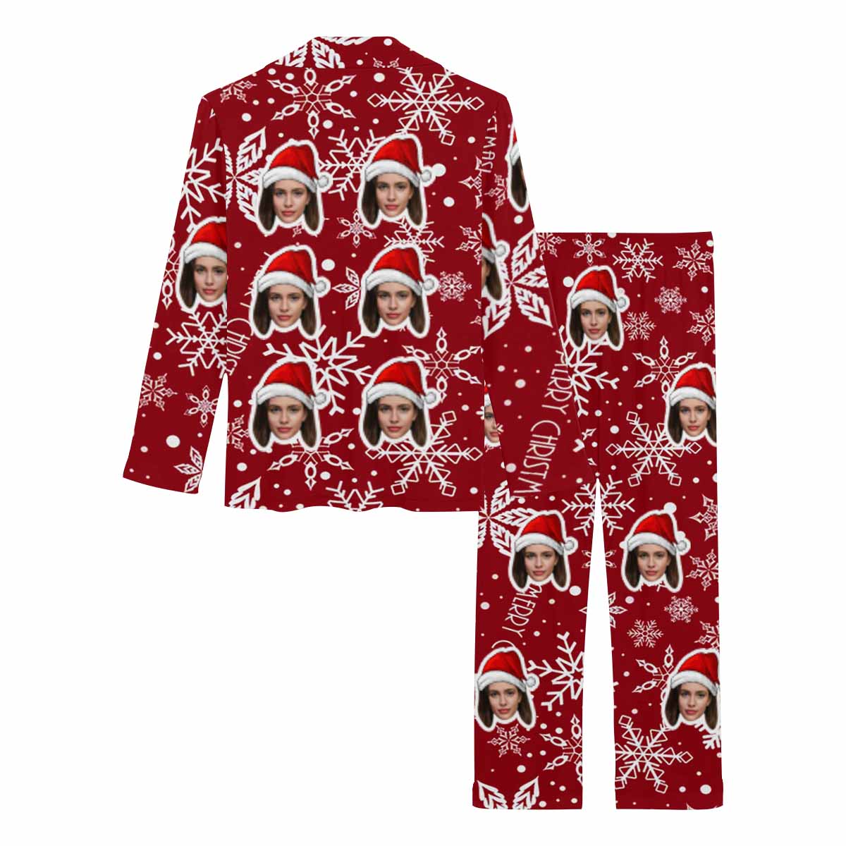 Custom Face Red Christmas Hat Snowflake Women's Long Pajama Set