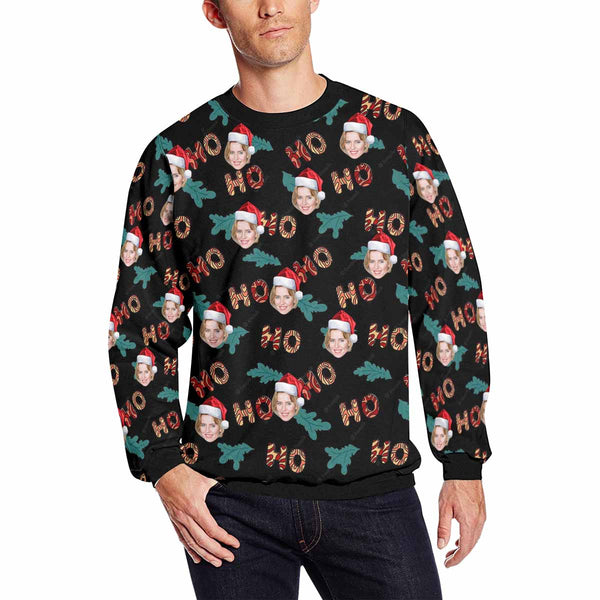 Personalized Christmas Ho Black With Face, Custom Photo Men's All Over Print Crewneck Sweatshirt