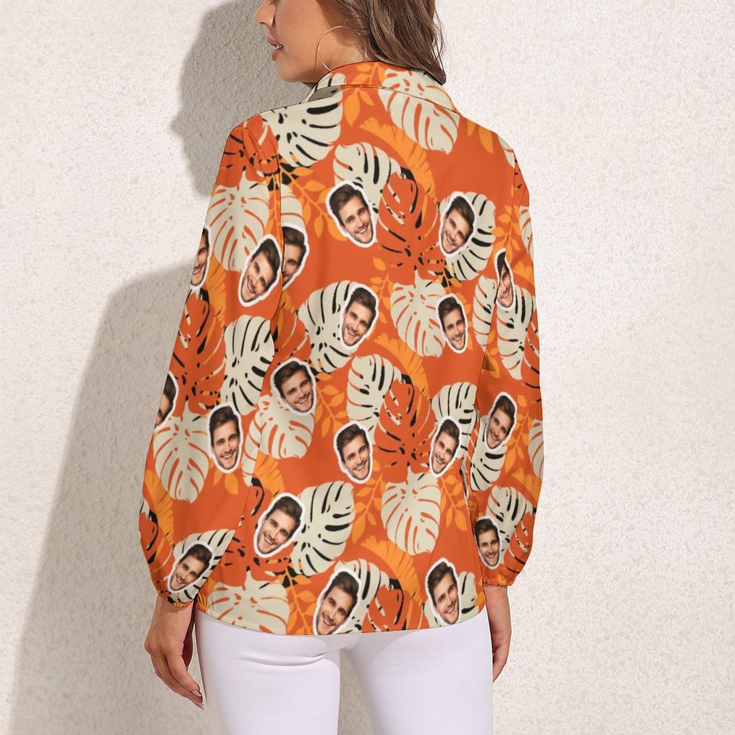 Custom Face Orange Background Leaves Vntage Casual Long Sleeve Hawaiian Shirts