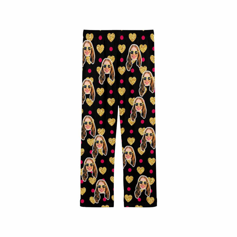 Custom Face Yellow Heart Sleepwear Personalized Women's Slumber Party Long Pajama Pants