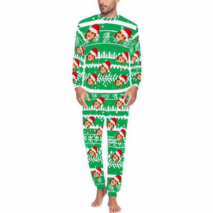 Custom Face Christmas Hat Green Men's Long Pajama Set