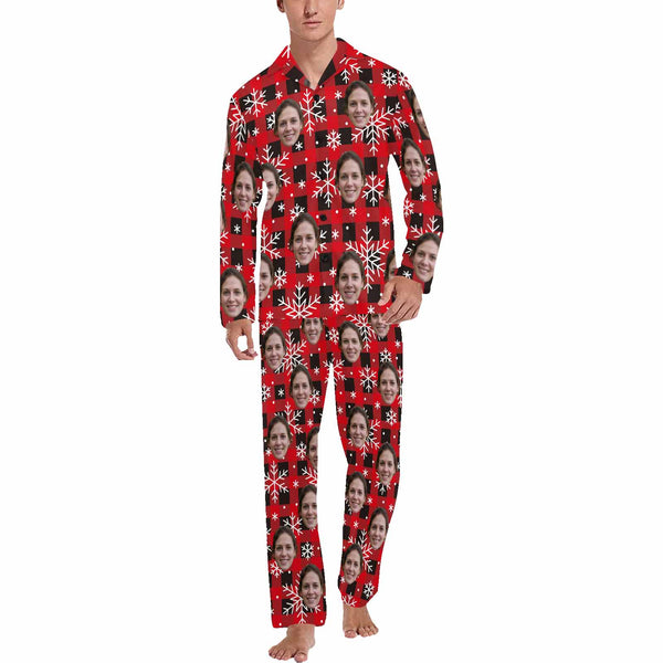 Custom Face Pajamas Red&Black Lattice Snowflake Sleepwear Personalized Men's Long Pajama Set