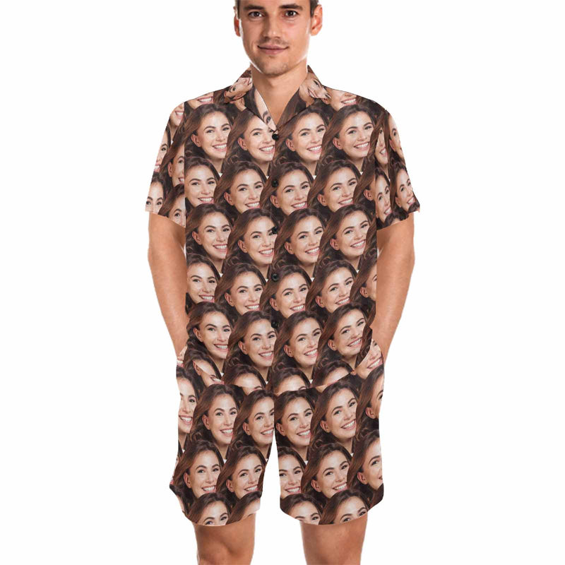 Personalized Pajamas Loungewear Custom Girlfriend's Face Men's V-Neck Short Pajama Set
