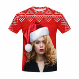 Custom Face Red Background Christmas Tee Put Your Photo on Shirt Unique Design Men's All Over Print T-shirt