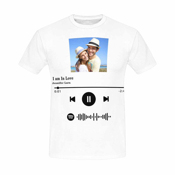 Custom Photo I Am In Love White Scannable Spotify Code T-shirt Personalized Men's All Over Print T-shirt