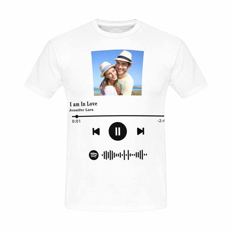 Custom Photo I Am In Love White Scannable Spotify Code T-shirt Personalized Men's All Over Print T-shirt