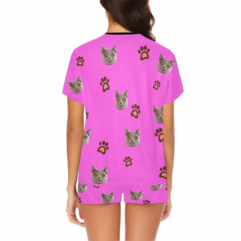 Custom Face Pajamas Lovely Cat Pink Sleepwear For Her Personalized Women's Short Pajama Set