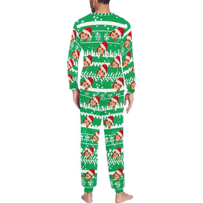 Custom Face Christmas Hat Green Men's Long Pajama Set