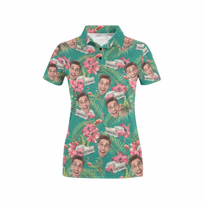 Custom Face Green Flamingo Polo Shirt, Personalized Shirt for Women, Photo Women's All Over Print Polo Shirt