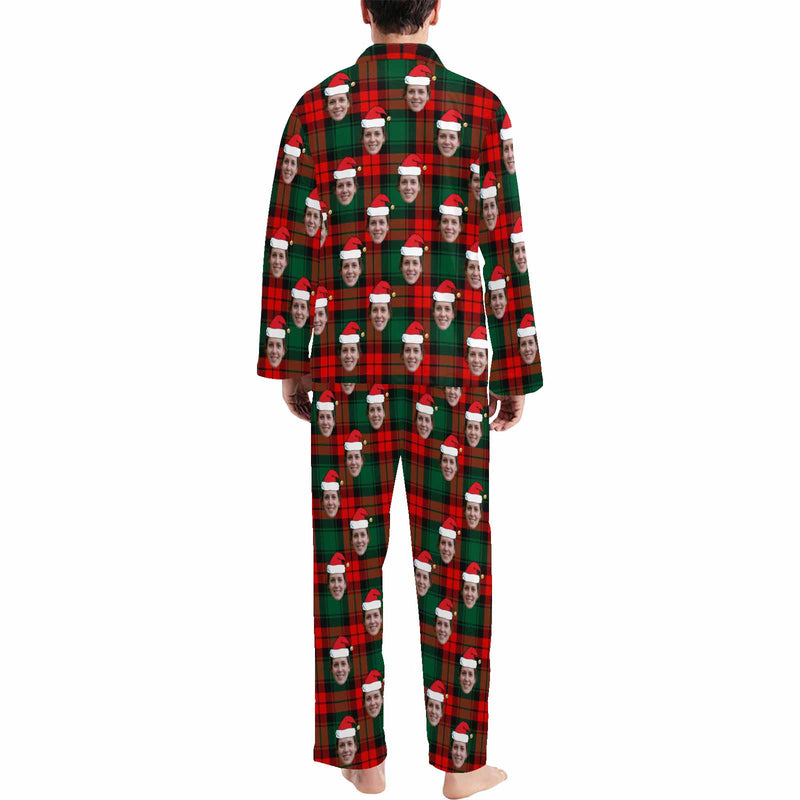 Custom Face Pajamas Red&Green Lattice Sleepwear Personalized Men's Long Pajama Set