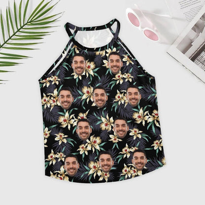 Custom Face Tops Tropical Flowers Black Halterneck Strapless Print Vest Shirt Women's Loose Tank Tops for Holiday