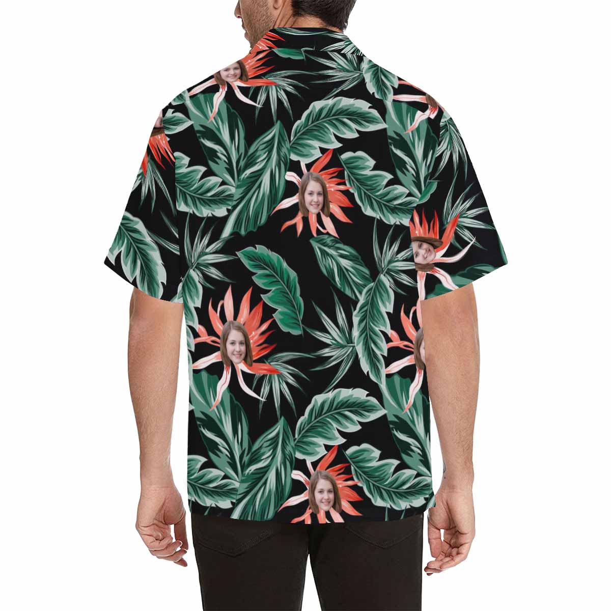 Custom Face Red Flowers Green Leaves Men's All Over Print Hawaiian Shirt