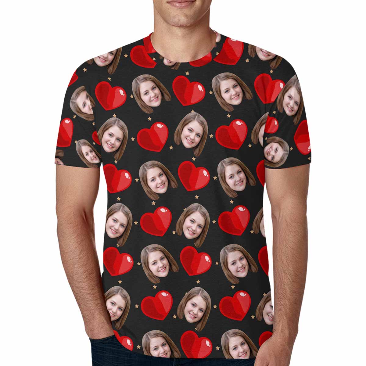 Custom Face Red Love Shape Tee Put Your Photo on Shirt Unique Design Men's All Over Print T-shirt